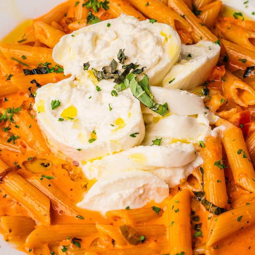 Penne pasta in a creamy tomato sauce, topped with fresh burrata cheese, basil, and parsley.